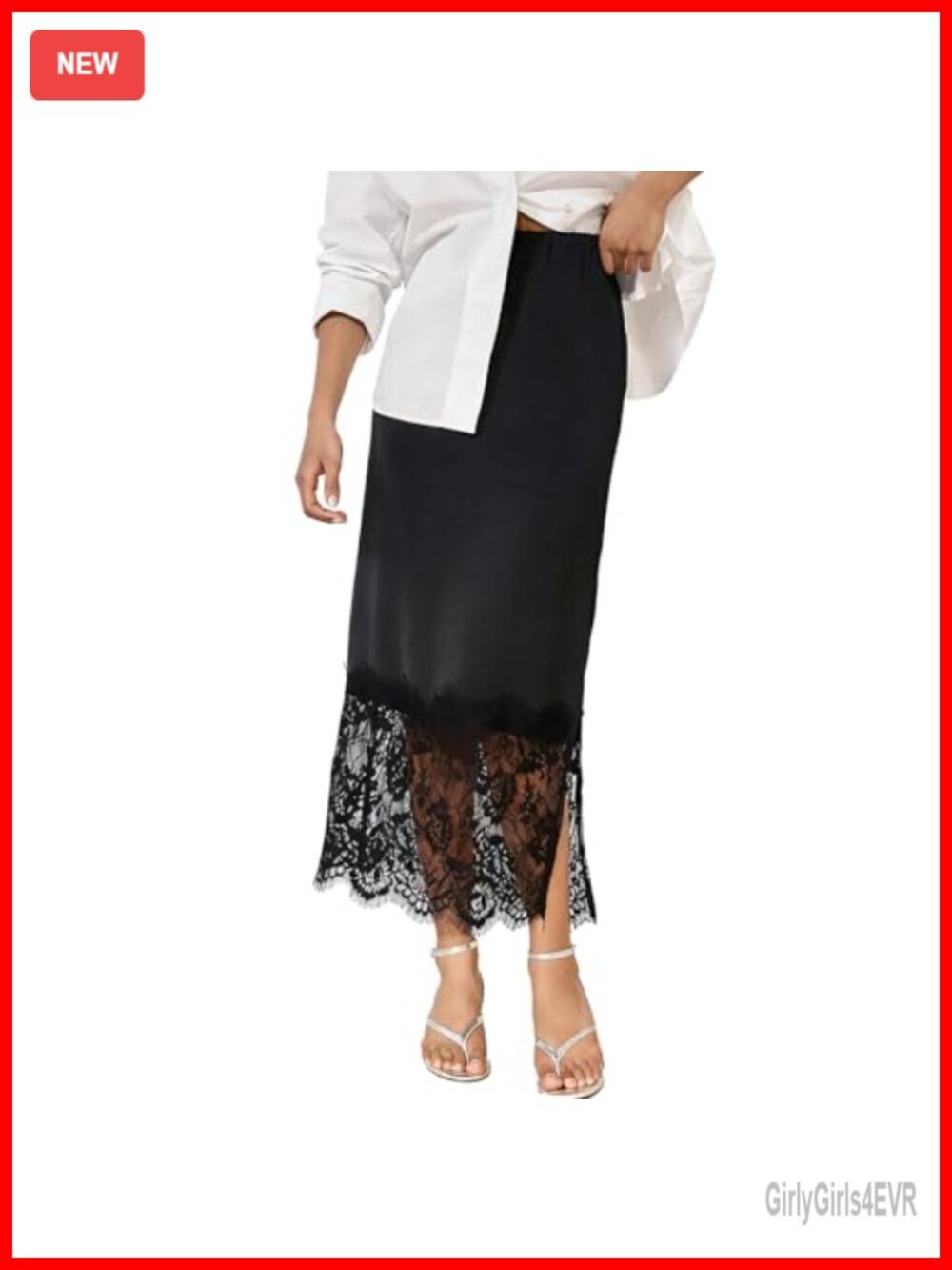 Satin Maxi Skirt Lace Patchwork A-Line Elastic Waist Side Zip
